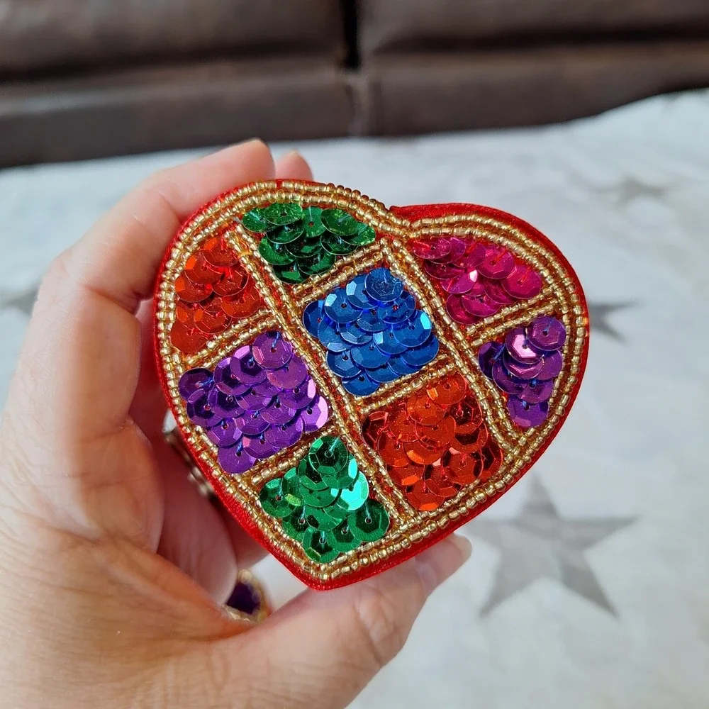 Vintage‎ Set of 3 Small Sequined Satin Multicolor Heart Box Jewelry Trinket